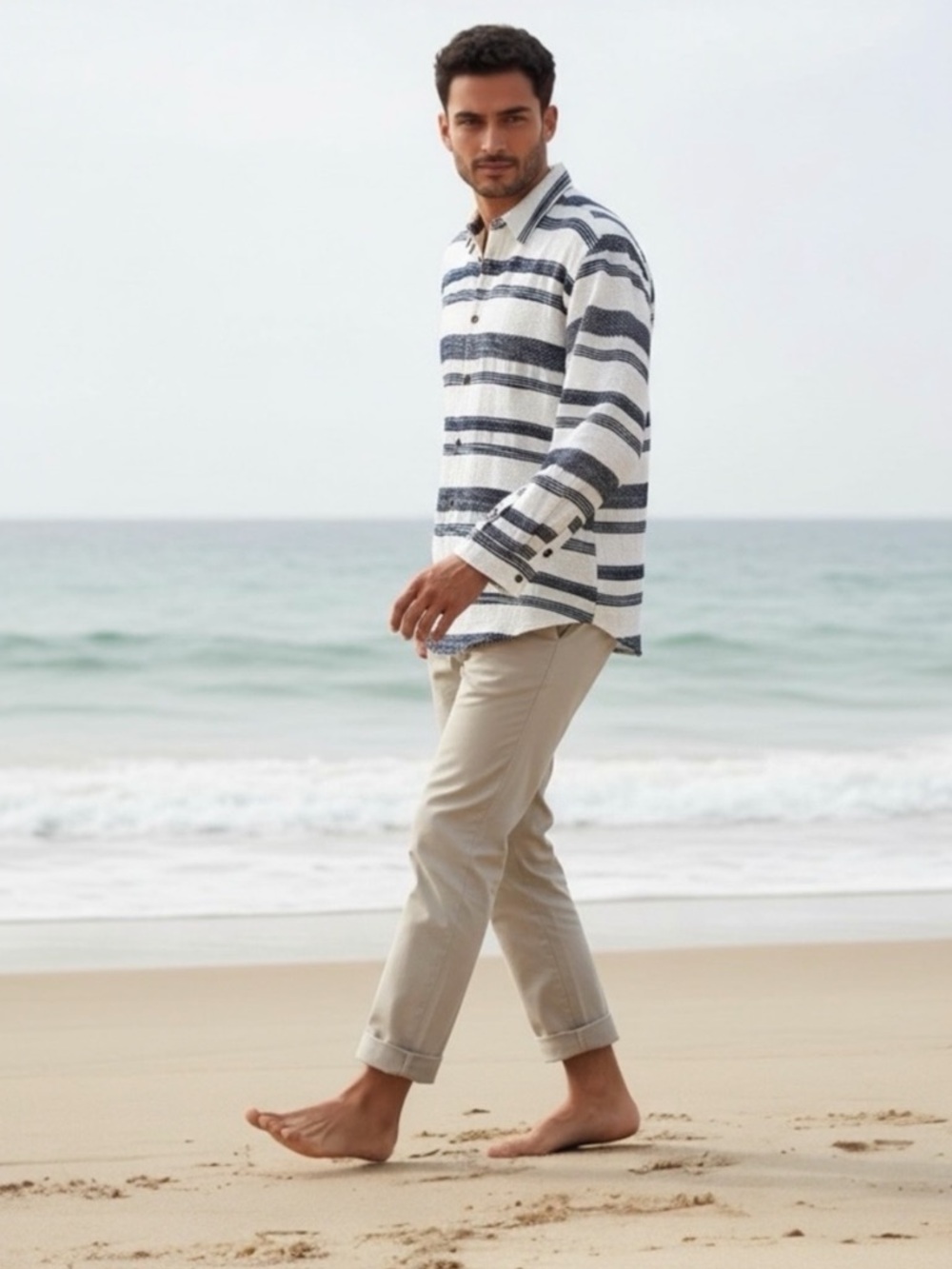 Scotch & Soda XL Basketweave Voile Button-Up Shirt White Navy Striped Resort - Picture 3 of 12